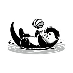 A baby otter floating on its back, balancing a seashell