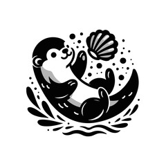 A baby otter floating on its back, balancing a seashell