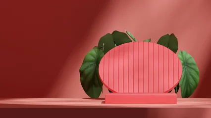 Fototapete Rund Bordeaux 3d render empty scene red color block shape in landscape circle backdrop  © Faustudio