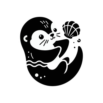 A baby otter floating on its back, balancing a seashell