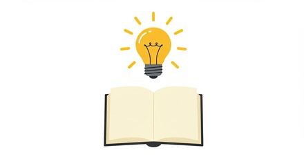Open book with glowing lightbulb above represents knowledge and inspiration