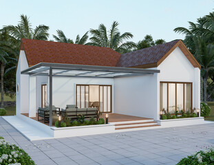 Modern Single-Story House with Terrace and Tropical Landscape