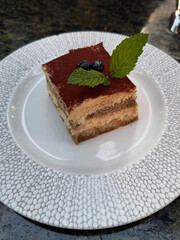 Tiramisu slice topped with mint and berries.