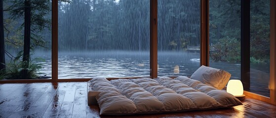 Idyllic lakeside retreat: Cozy indoor space amidst a rainy forest landscape