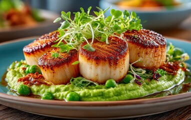 Seared scallops on pea pur?e
