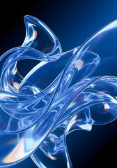 A dynamic, iridescent blue and purple abstract glass form with swirling, fluid curves against a dark background.