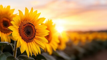 Obraz premium A field of sunflowers facing the last light of the day. Golden blooms greet evening s gentle decline a vibrant tableau painted across a vast expanse of earth.