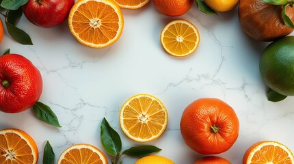 Overhead shot of assorted citrus fruits and apples arranged on a marble surface