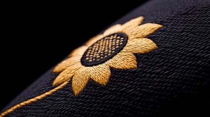 a teardrop shaped cushion with bold sunflower embroidery on a black background. Elegant black decorative pillow featuring a striking sunflower design in a unique teardrop form perfect