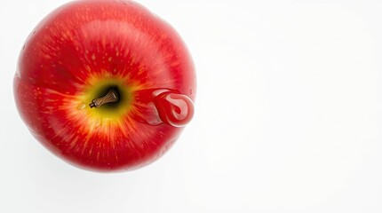 Overhead shot of a vibrant red apple with a drop of liquid against a white backdrop