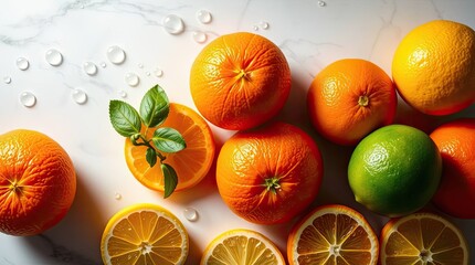 Overhead shot of a vibrant arrangement of fresh citrus fruits on a marble surface