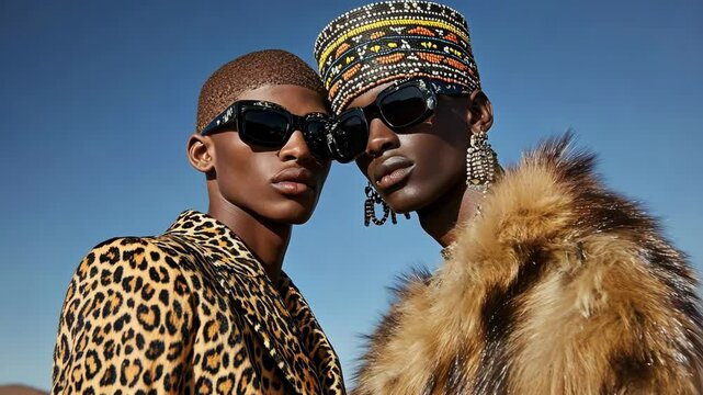Two stylish models showcase bold fashion in a vibrant outdoor setting.