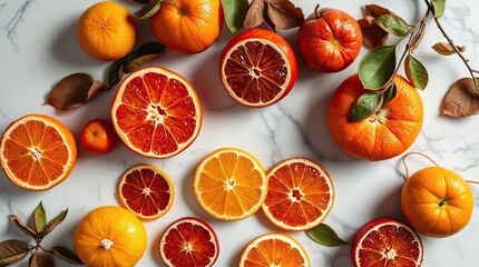 Overhead shot of fresh blood oranges and sliced citrus fruits on a marble surface