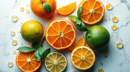 Overhead shot of fresh citrus fruits arranged on a marble surface with water droplets