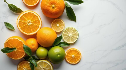 Overhead shot of fresh citrus fruits arranged on a white marble surface