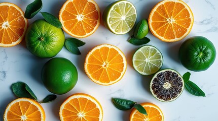 Overhead shot of fresh citrus fruits including oranges and limes arranged on white