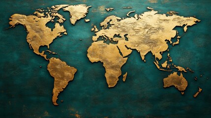 Golden world map on teal textured background. (1)