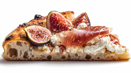 Closeup of a gourmet pizza slice topped with fresh figs, prosciutto, and ricotta cheese on a golden crispy crust, presented on a clean white background.