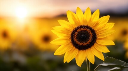 Obraz premium Sunflower Field with Cheerful Mood Representing Abundance. Golden blooms convey joy and plentiful harvest in a vibrant summer scene.