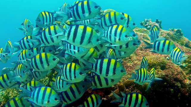 School of sergeant major fish swimming above coral reef in clear tropical ocean water