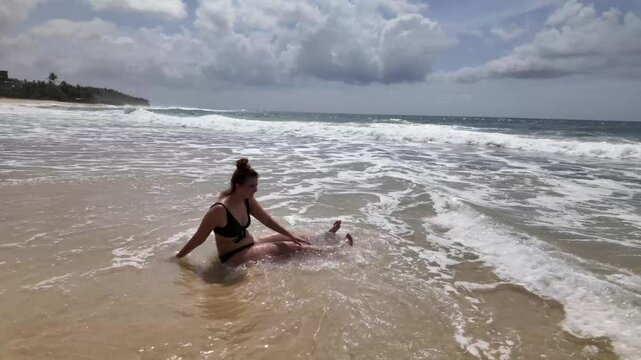 Plus size model body positive woman having fun in swimwear bikini beach wear set
