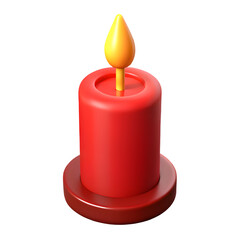 A single red pillar candle with a lit yellow flame, a realistic 3D render, isolated on white or transparent background. PNG  format