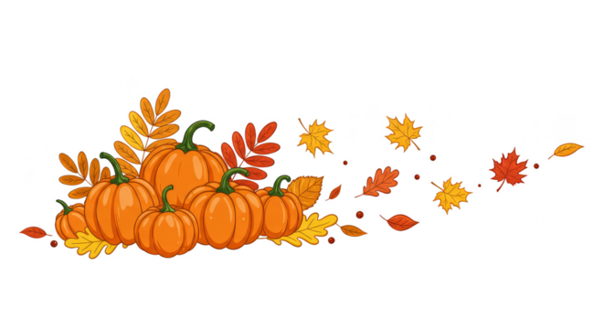 Autumn Pumpkins Fall Leaves Transparent Background Design Element
