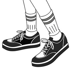 Illustration of legs wearing striped socks and black and white sneakers with tied shoelaces walking