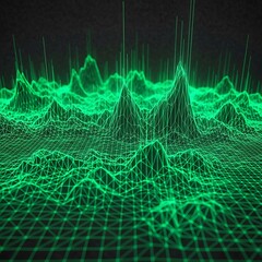 Green Wireframe Landscape Geometric Abstract Design on Dark Background