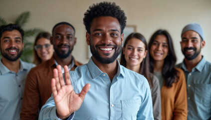 Diverse business team with happy man waving in front of colleagues