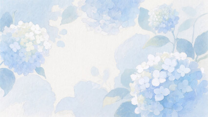 繊細な水彩画の背景に咲く青と白の紫陽花と柔らかな光