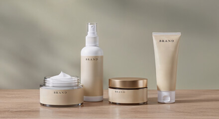 Elegant set of minimalist cosmetic and skincare products on a wooden surface