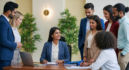 HR specialist explaning company policy to new diverse team members