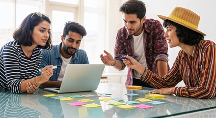 Gen Z creative team collaborating in office with sticky notes brainstorming ideas