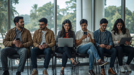 Gen Z job candidates waiting for interview using digital devices in office lobby