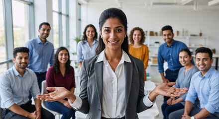 Indian HR manager welcomes new employees to diversity workplace