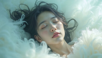 Serene millennium girl sleeping peacefully amidst soft white clouds