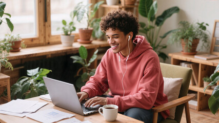 Smiling gen Z with earbuds working on laptop in cozy home office