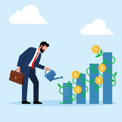 Illustration of a businessman watering money plants growing on a bar chart, symbolizing investment growth and financial cultivation.