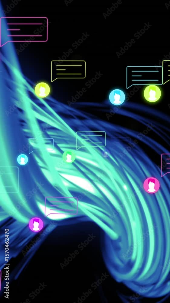 Poster animation of tech icons and messages on black background
