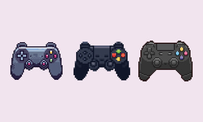 Pixel Art Game Controller Set Retro Gaming Icons. A collection of 8-bit style pixel art game controller icons. © Shopiyah