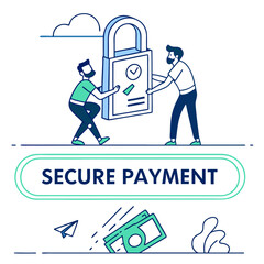 Two people holding a large padlock with a checkmark above secure payment with falling money and a paper plane