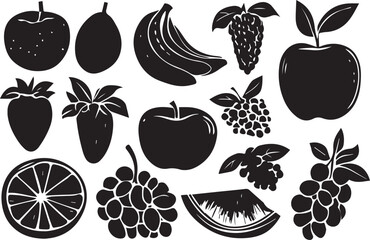 A vibrant vector collection of fresh, healthy fruits and berries like apples, strawberries, lemons, and grapes