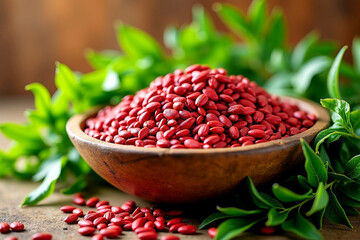 Rustic Wooden Bowl Filled with Red Seeds Surrounded by Lush Green Leaves, Natural Still Life. AI Generative