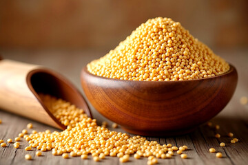 Rustic Wooden Bowl Overflowing with Golden Mustard Seeds on Wooden Table. AI Generative