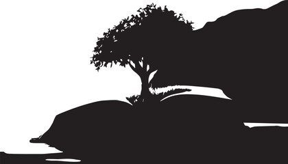 Vector silhouette illustration of an apple tree design with a tribal bird symbol