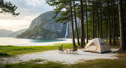 A camping tent and chairs on a white sandy field mixed with green grass, surrounded by tall pine trees, clear beach and waterfall