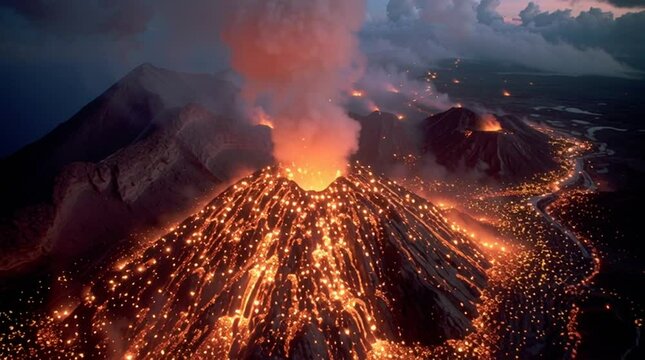 volcano erupting and spewing tons of pyroclastic flow