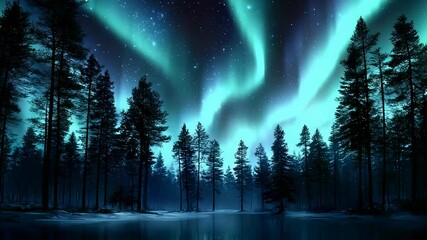 Northern Lights over a winter forest - Powered by Adobe