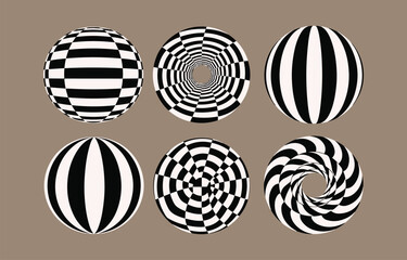 Abstract Black and White Geometric Sphere and Circle Designs: Optical Illusion Set